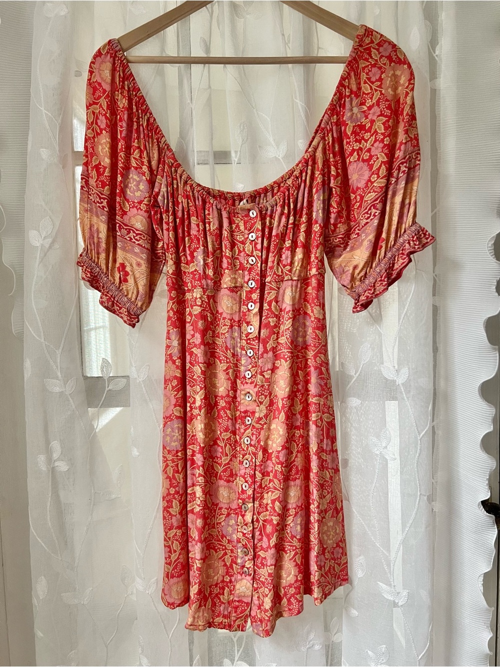 Spell Red Floral Button-Front Peasant Dress